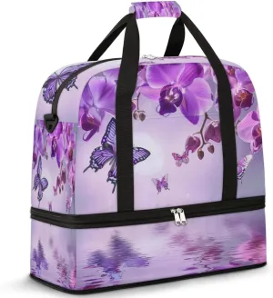 Purple Floral Orchid Butterfly Travel Duffel Bag for Women Men, Butterfly Flower Sports Gym Bag with Shoes Compartment Foldable Overnight Bag Weekender Tote Workout Carry On Luggage Bag