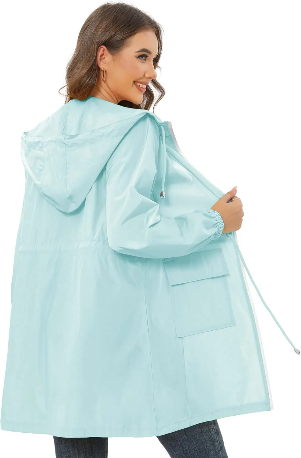 Rain Jacket for Women Waterproof with Hood Active Outdoor Long Rain Coats Packable Raincoat Lightweight Windbreaker