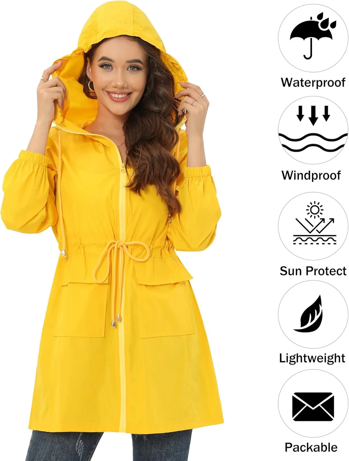 Rain Jacket for Women Waterproof with Hood Active Outdoor Long Rain Coats Packable Raincoat Lightweight Windbreaker
