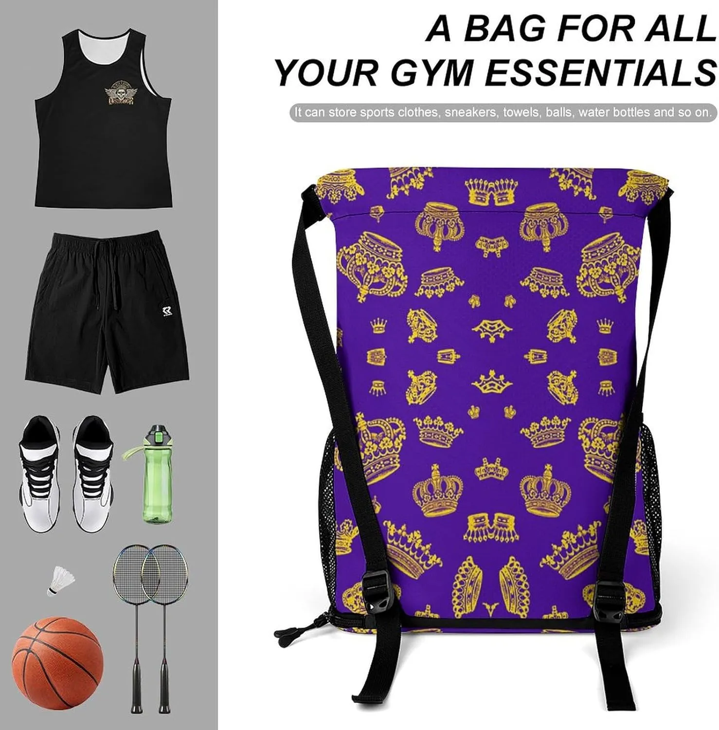 Royal Crown Sports Backpack with Large Mouth Design And Dry Wet Separation for Unisex