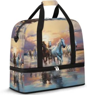 Running Horse Sunset Travel Duffel Bag for Women Men, Animal Pattern Sports Gym Bag with Shoes Compartment Foldable Overnight Bag Weekender Tote Workout Carry On Luggage Bag