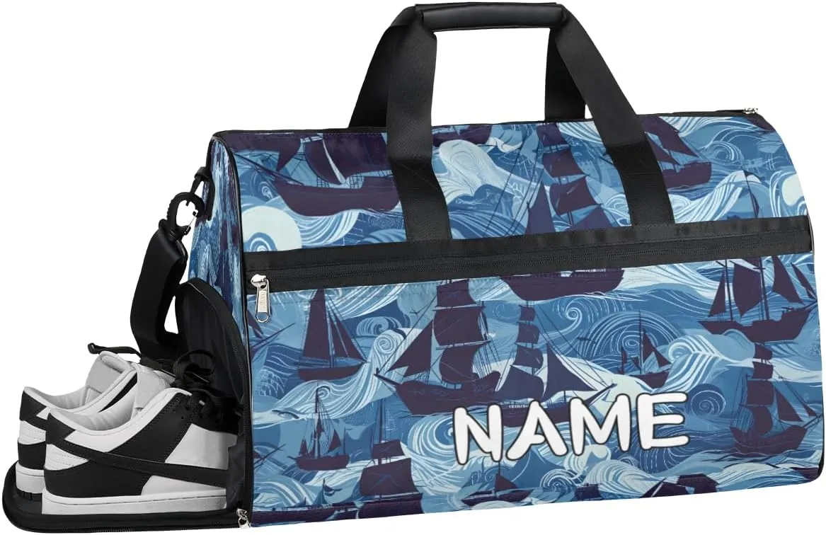 Sailboat Ocean Print Sports Gym Bag with Wet Pocket & Shoes Compartment Travel Duffel Bag for Women Men Custom Sports Gym Bag Personalized Overnight Stay Weekend Tote Beach Luggage