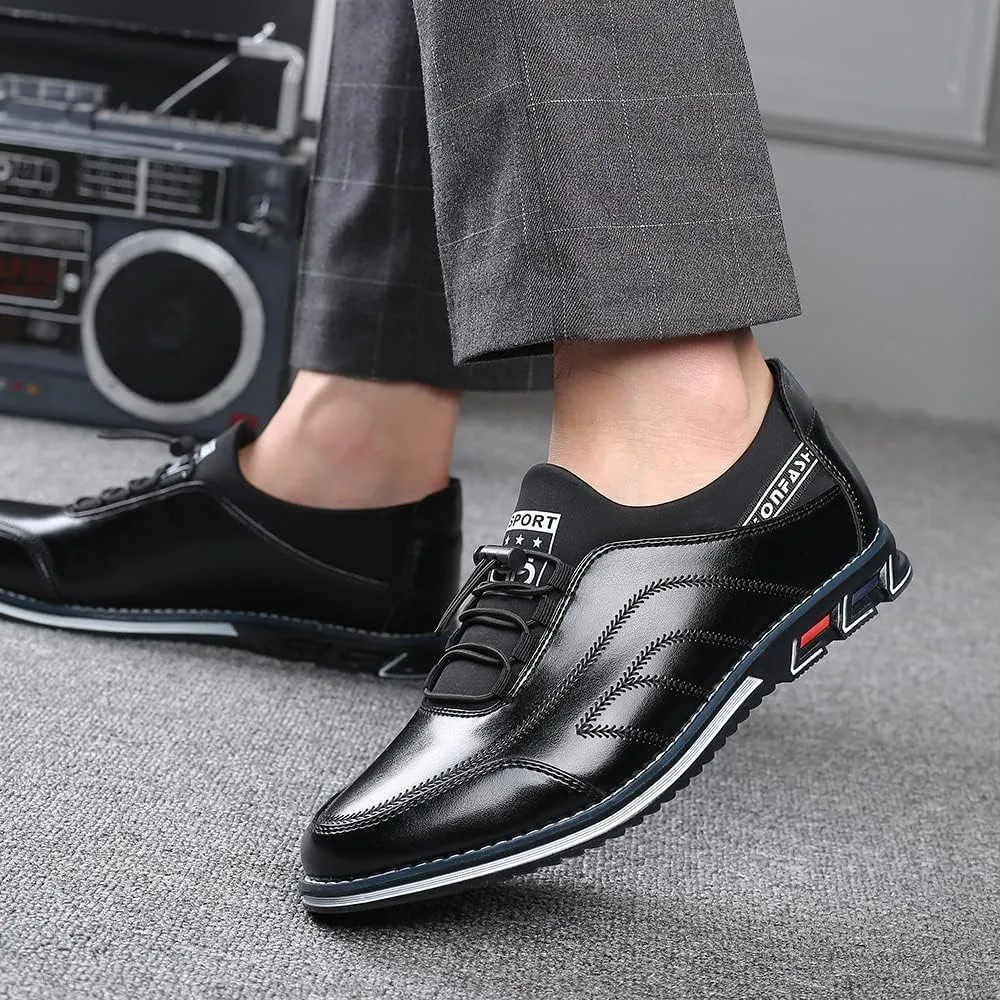 Santimon Mens Casual Leather Drawstring Slip-On Sneakers Business Formal Walking Comfort Driving Lofers Classic Moccasin Shoes