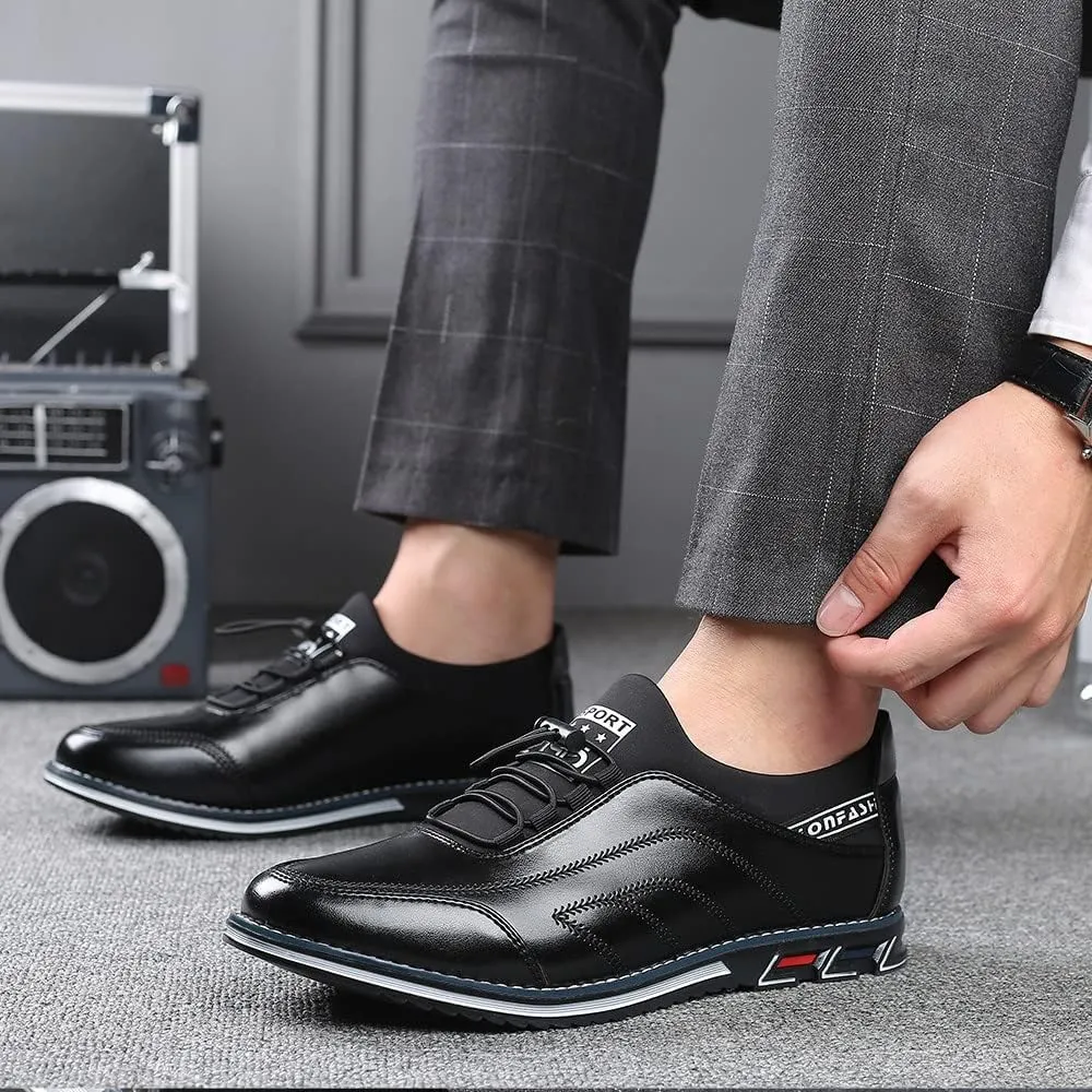 Santimon Mens Casual Leather Drawstring Slip-On Sneakers Business Formal Walking Comfort Driving Lofers Classic Moccasin Shoes