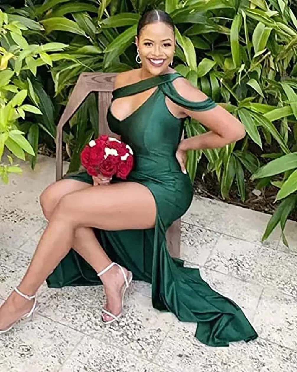 Satin Bridesmaid Dress for Women One Shoulder Mermaid Prom Dresses with Split Formal Evening Party Gowns MN458