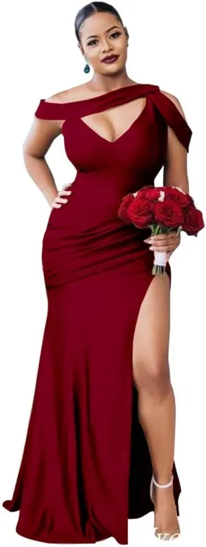 Satin Bridesmaid Dress for Women One Shoulder Mermaid Prom Dresses with Split Formal Evening Party Gowns MN458