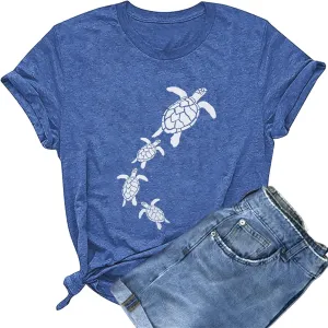 Sea Turtle Graphic T-Shirt Women Vintage Animal Print Shirt Hawaiian Summer Beach Tee Casual Short Sleeve Vacation Top