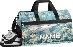 Shark Flower Watercolor Sports Gym Bag with Wet Pocket & Shoes Compartment Travel Duffel Bag for Women Men Custom Sports Gym Bag Personalized Overnight Stay Weekend Tote Beach Luggage