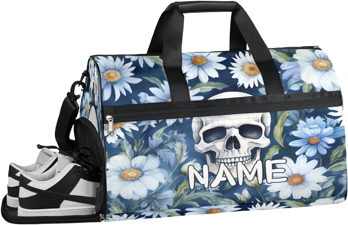 Skull Daisy Watercolor Sports Gym Bag with Wet Pocket & Shoes Compartment Travel Duffel Bag for Women Men Custom Sports Gym Bag Personalized Overnight Stay Weekend Tote Beach Luggage
