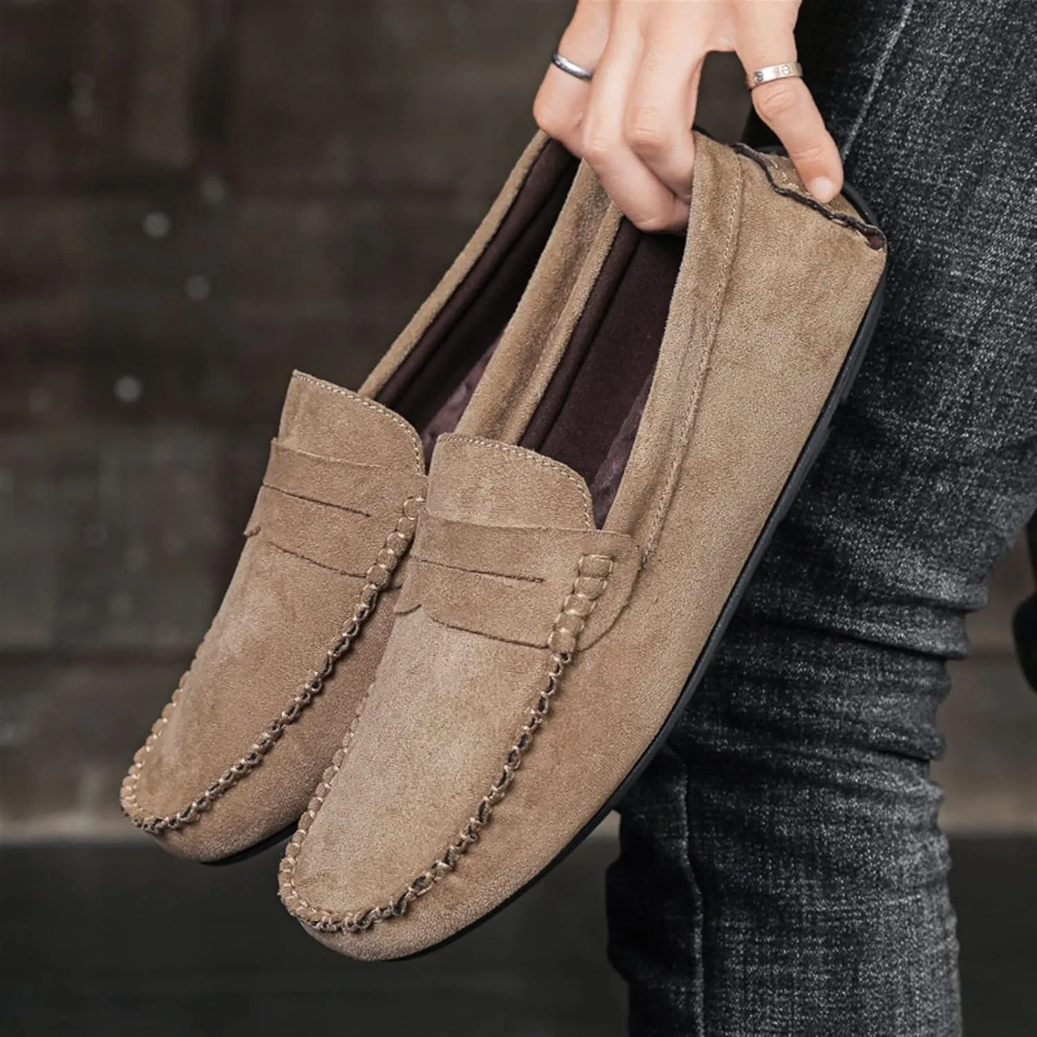 Smoking Loafer for Men Genuine Leather Round Toe Suede Vamp Penny Loafer Resistant Lightweight Anti-Slip Flat Heel Flexible Outdoor Slip On