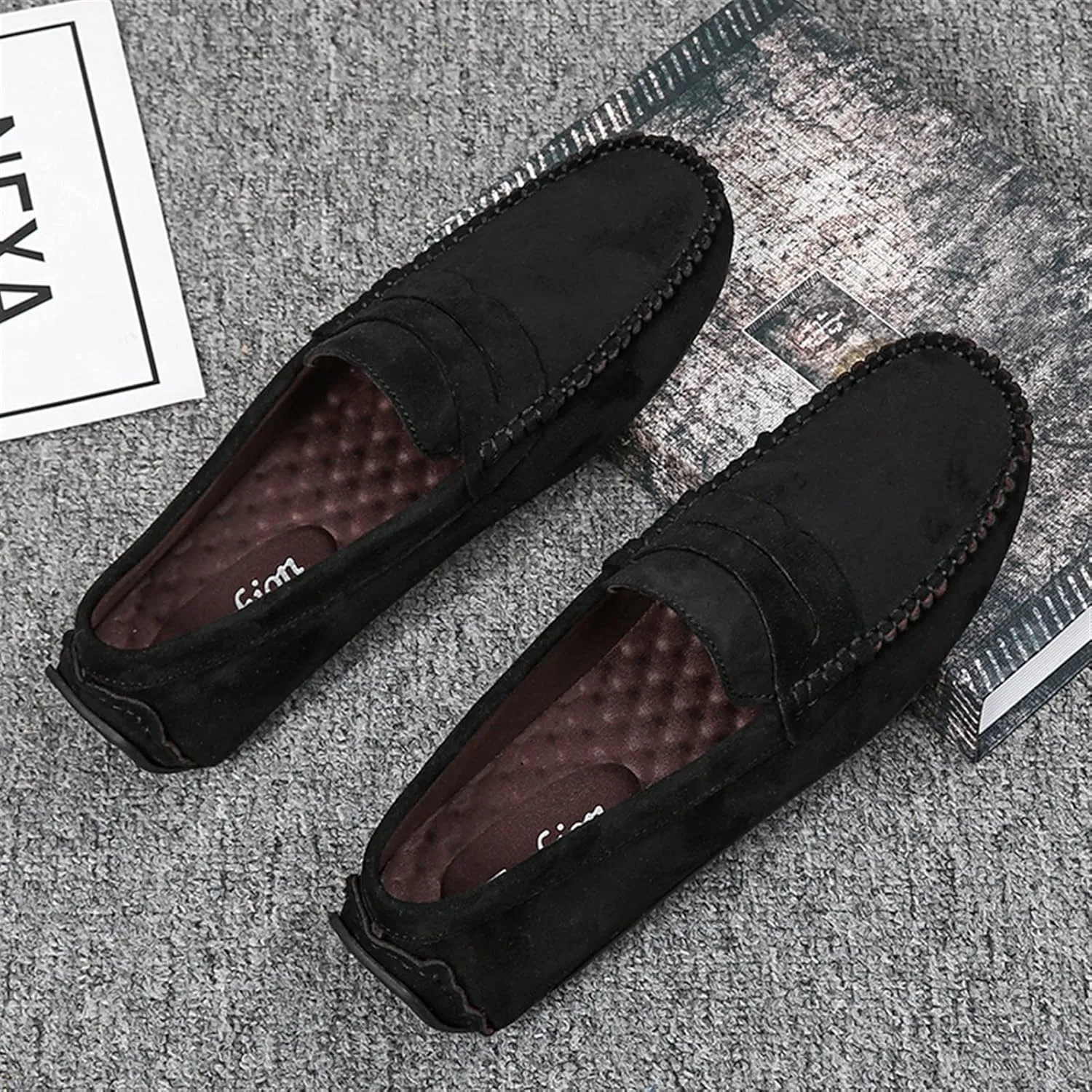 Smoking Loafer for Men Genuine Leather Round Toe Suede Vamp Penny Loafer Resistant Lightweight Anti-Slip Flat Heel Flexible Outdoor Slip On