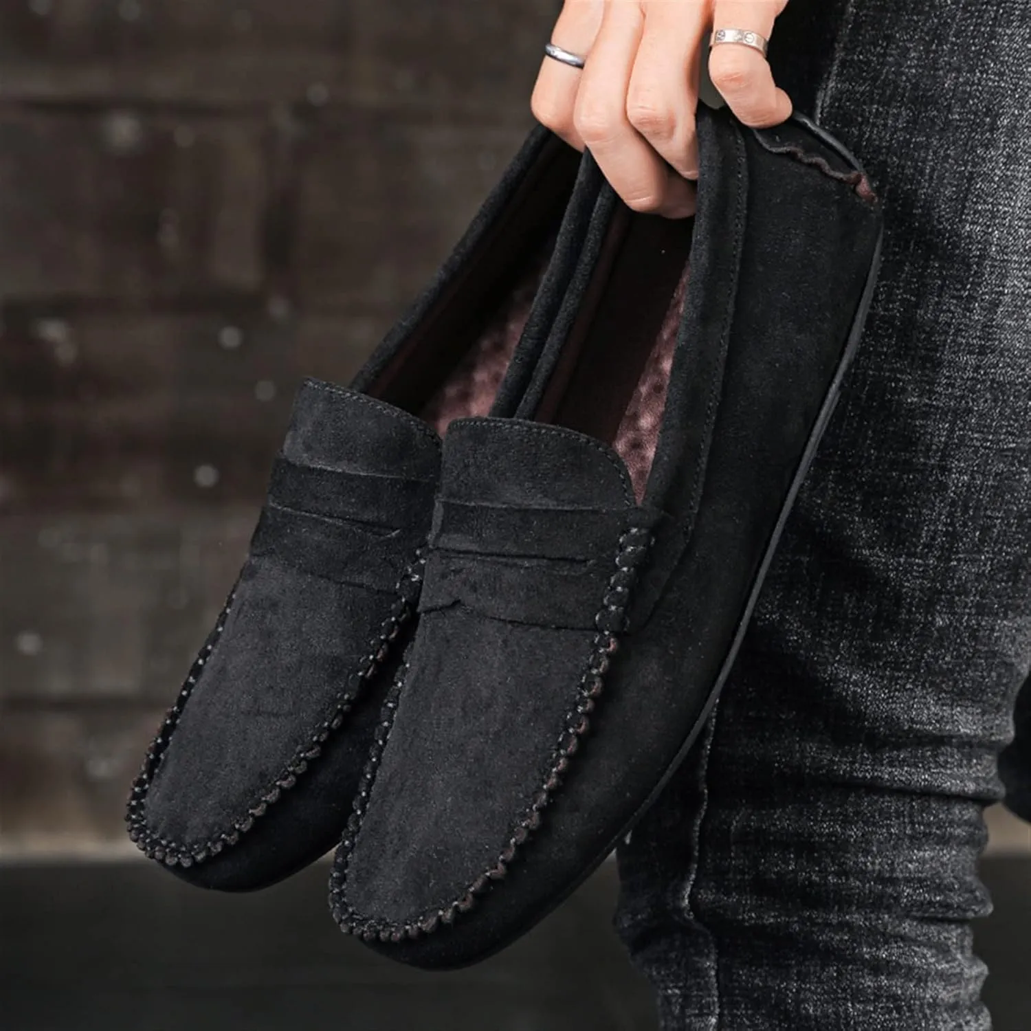 Smoking Loafer for Men Genuine Leather Round Toe Suede Vamp Penny Loafer Resistant Lightweight Anti-Slip Flat Heel Flexible Outdoor Slip On