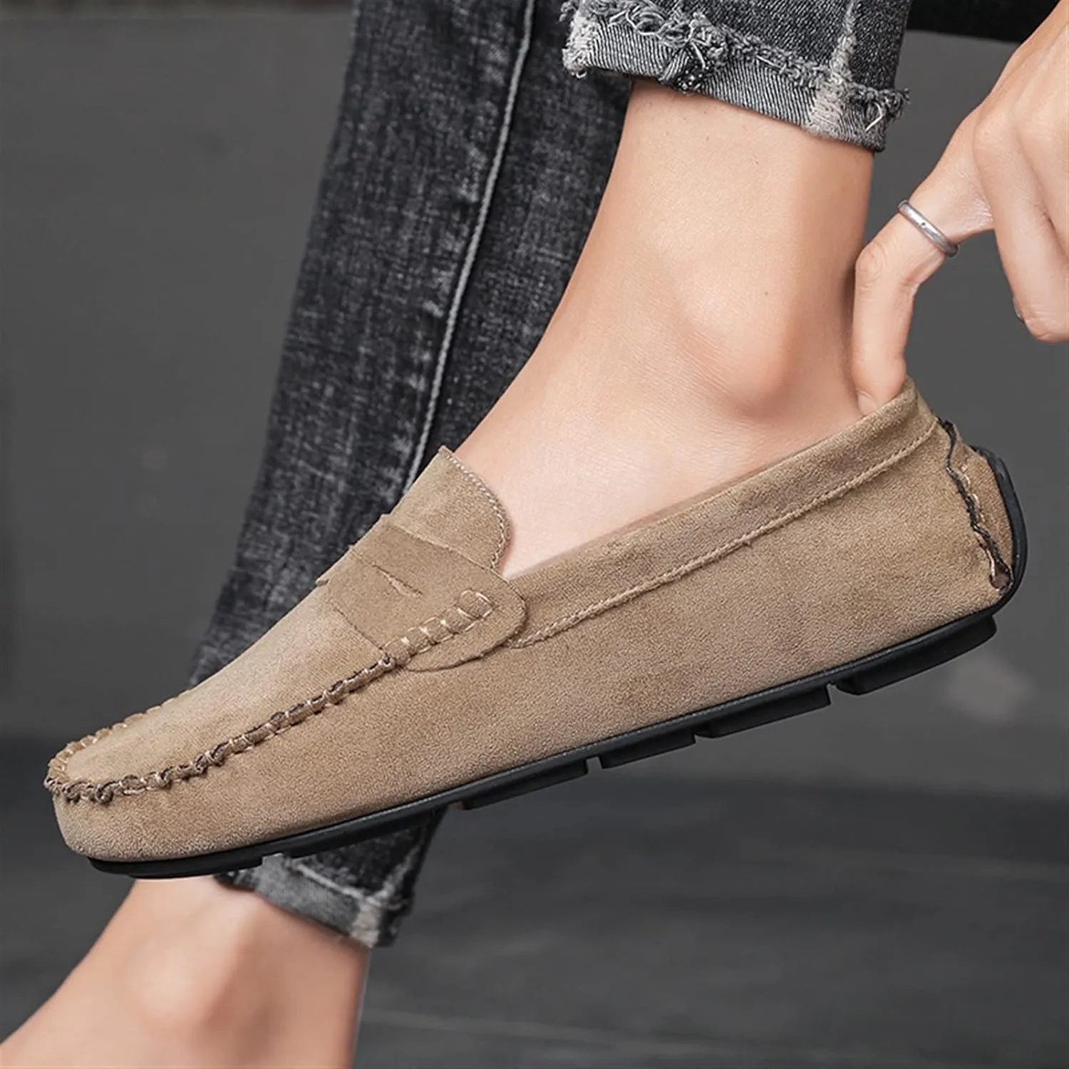 Smoking Loafer for Men Genuine Leather Round Toe Suede Vamp Penny Loafer Resistant Lightweight Anti-Slip Flat Heel Flexible Outdoor Slip On