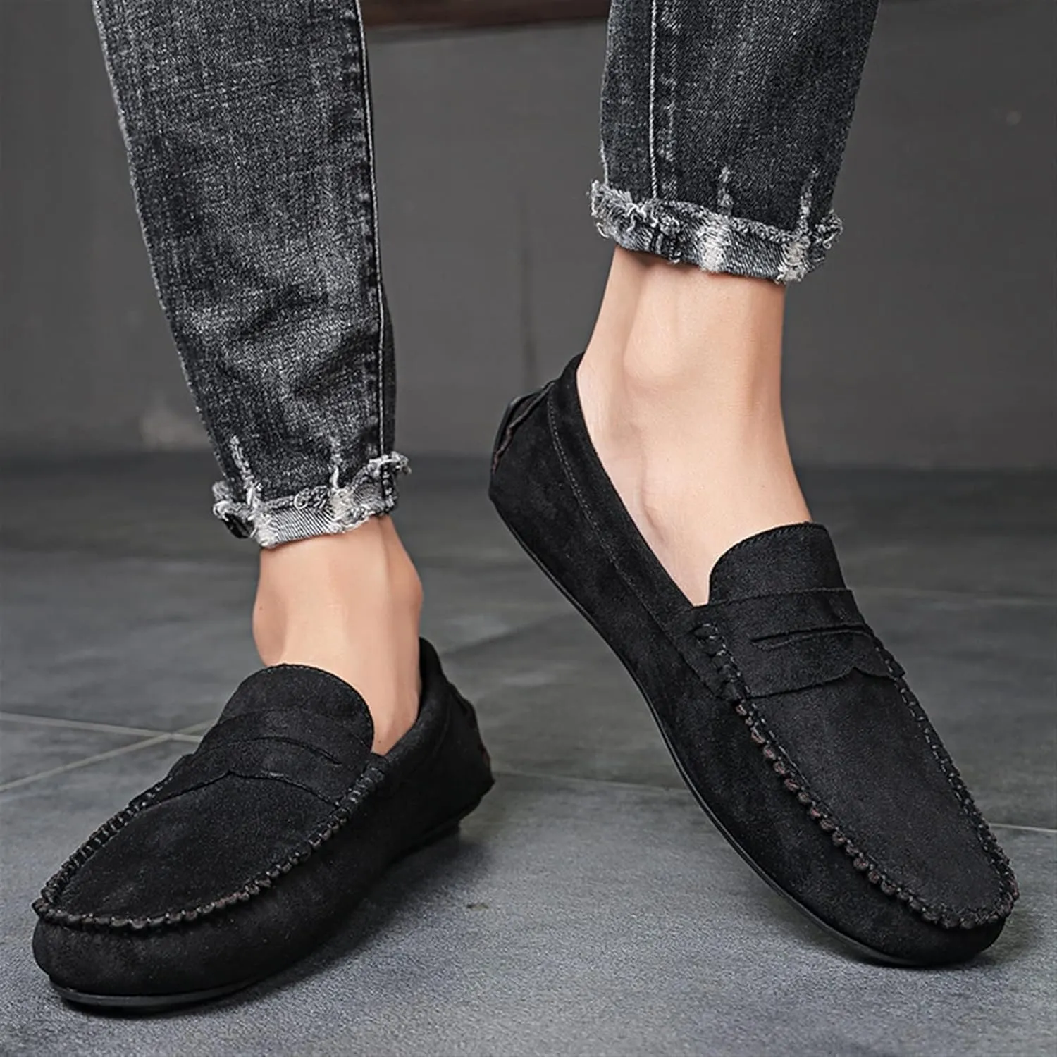 Smoking Loafer for Men Genuine Leather Round Toe Suede Vamp Penny Loafer Resistant Lightweight Anti-Slip Flat Heel Flexible Outdoor Slip On