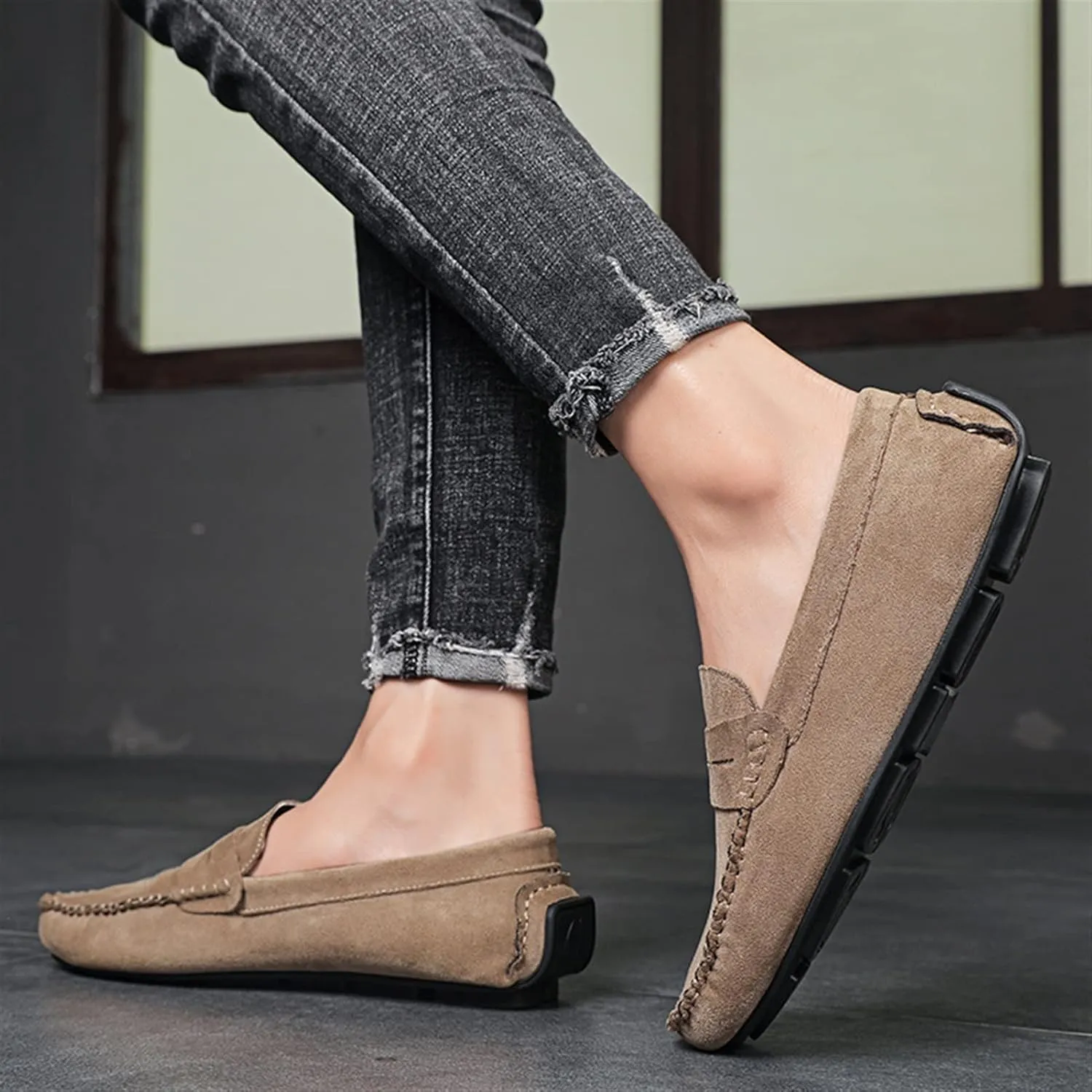 Smoking Loafer for Men Genuine Leather Round Toe Suede Vamp Penny Loafer Resistant Lightweight Anti-Slip Flat Heel Flexible Outdoor Slip On
