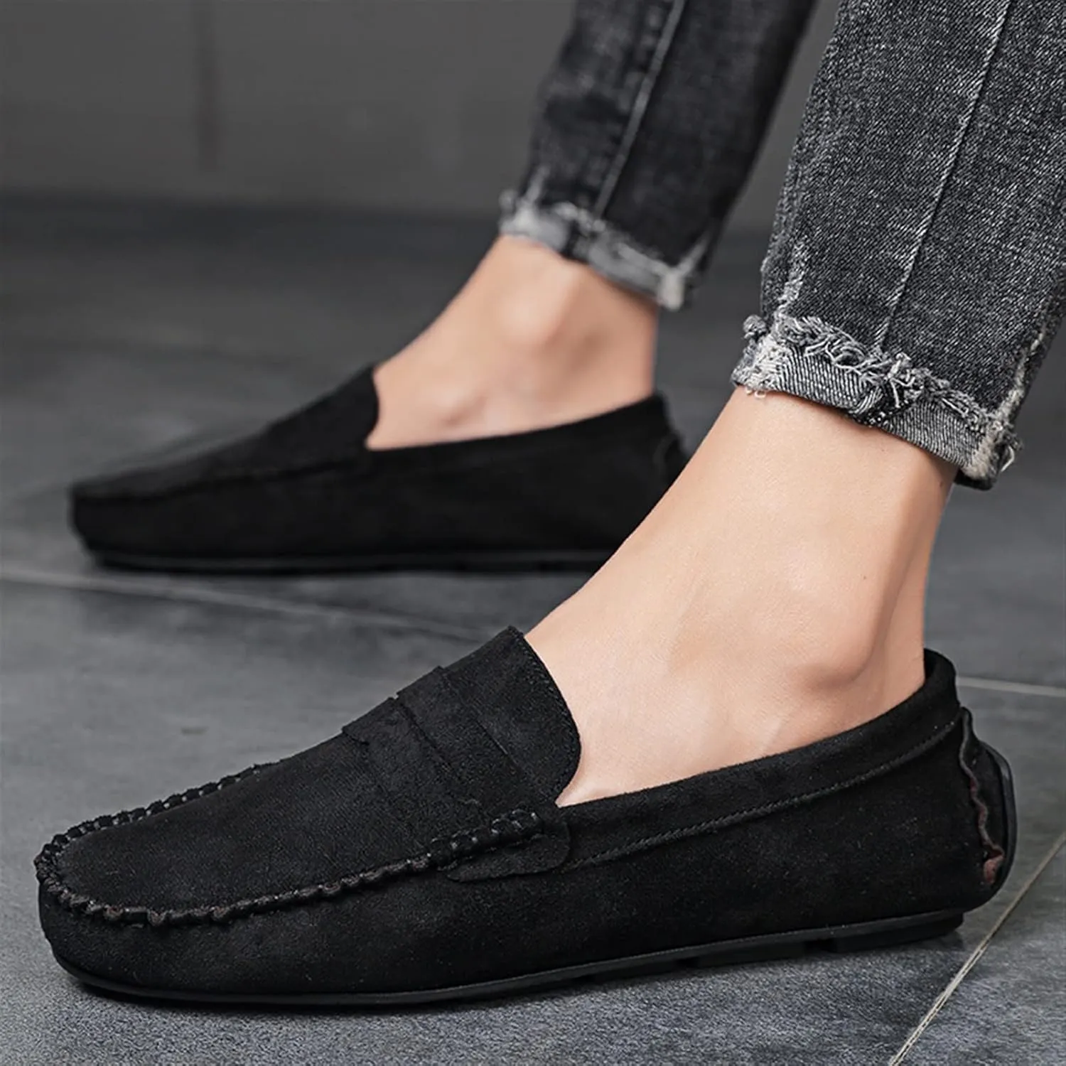 Smoking Loafer for Men Genuine Leather Round Toe Suede Vamp Penny Loafer Resistant Lightweight Anti-Slip Flat Heel Flexible Outdoor Slip On