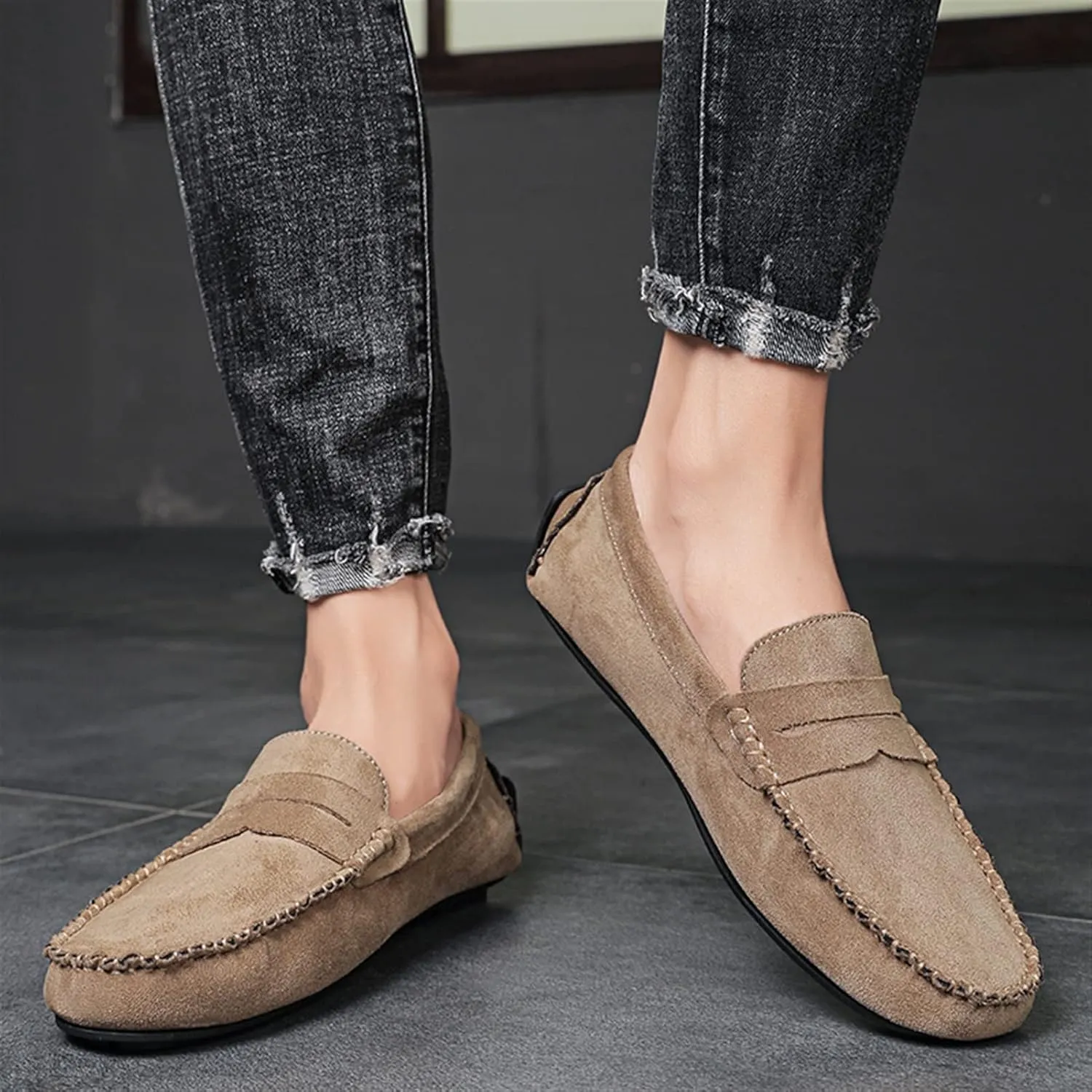Smoking Loafer for Men Genuine Leather Round Toe Suede Vamp Penny Loafer Resistant Lightweight Anti-Slip Flat Heel Flexible Outdoor Slip On