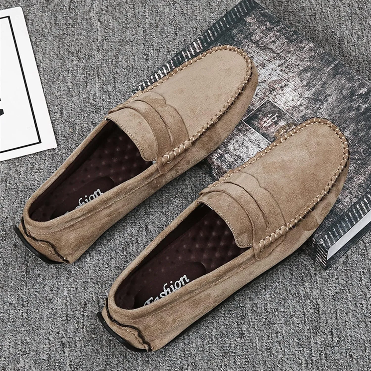 Smoking Loafer for Men Genuine Leather Round Toe Suede Vamp Penny Loafer Resistant Lightweight Anti-Slip Flat Heel Flexible Outdoor Slip On