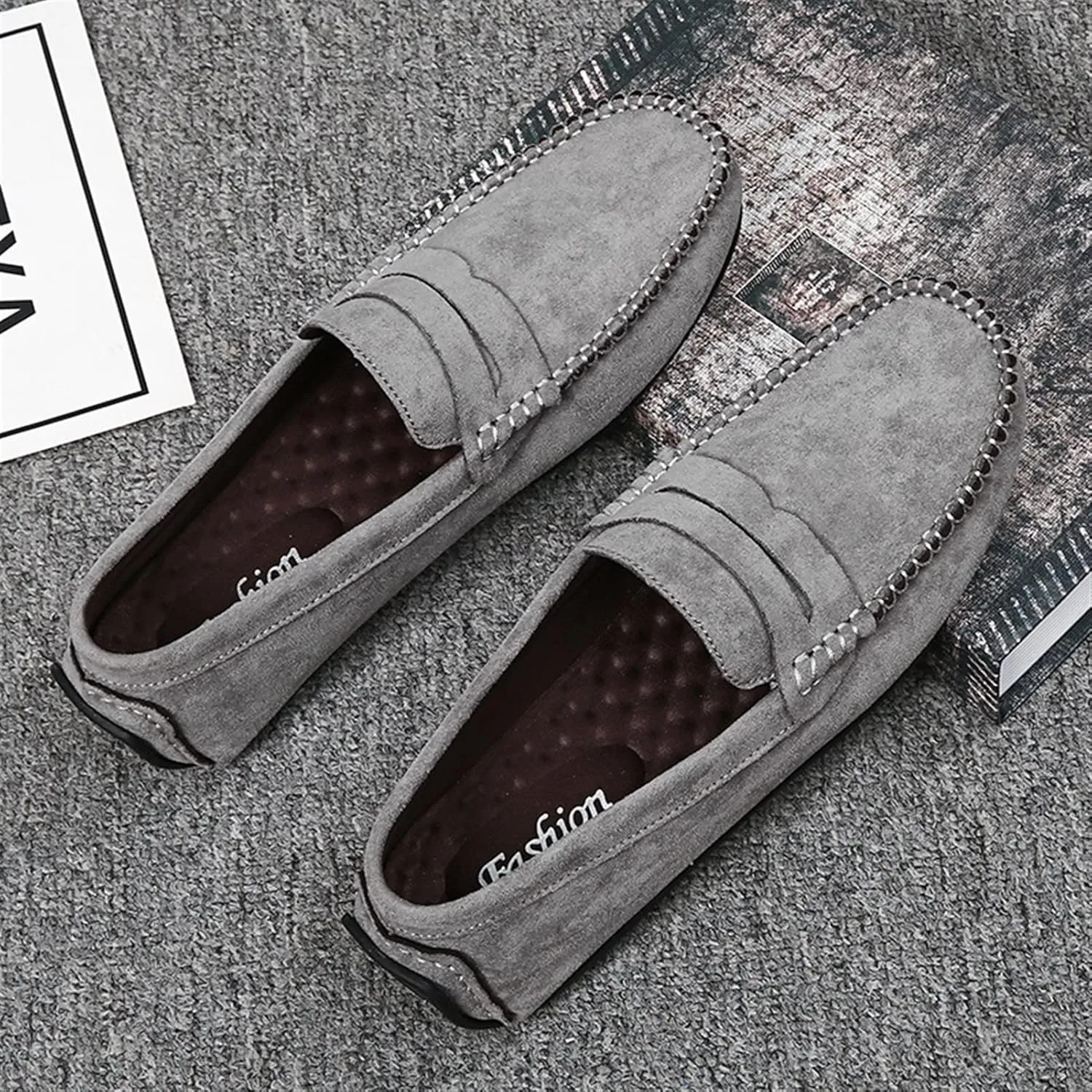 Smoking Loafer for Men Suede Vamp Penny Loafer Stitching Details Round Toe Flat Heel Flexible Anti-Slip Resistant Casual Slip on for Any Attire