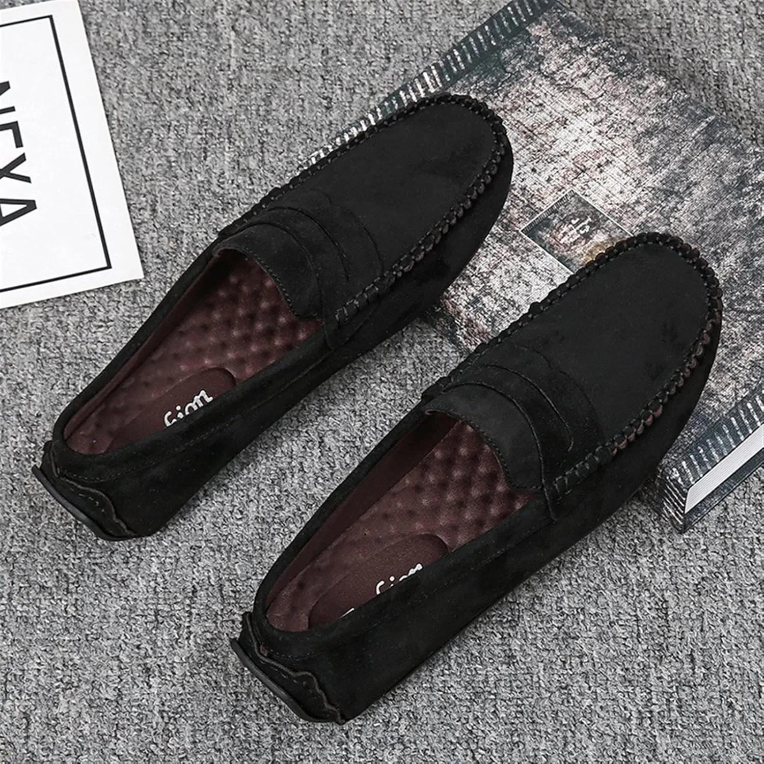 Smoking Loafer for Men Suede Vamp Penny Loafer Stitching Details Round Toe Flat Heel Flexible Anti-Slip Resistant Casual Slip on for Any Attire