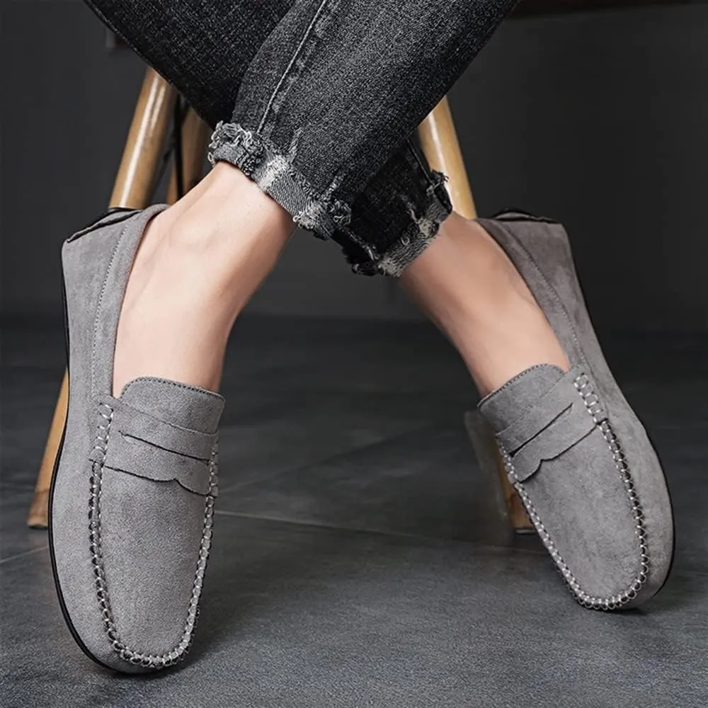 Smoking Loafer Shoes for Men Genuine Leather Round Toe Suede Vamp Penny Loafer Flexible Resistant Lightweight Anti-Slip Flat Heel Outdoor Slip On