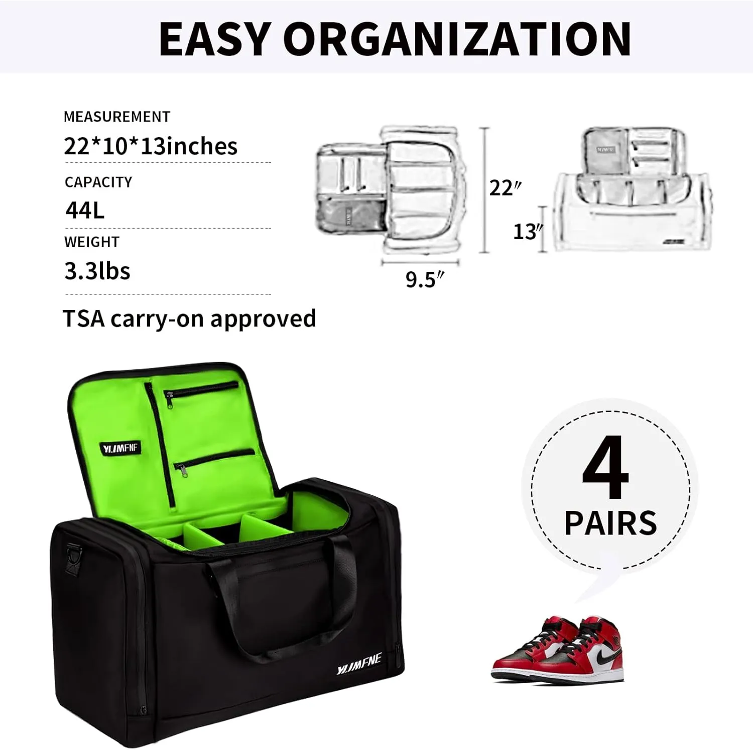 Sneaker Bag for Travel, Premium Multi-functional Duffel Bag, Gym Training Bag With 3 Adjustable Compartment Dividers, Waterproof Outdoor Sports Bag, green
