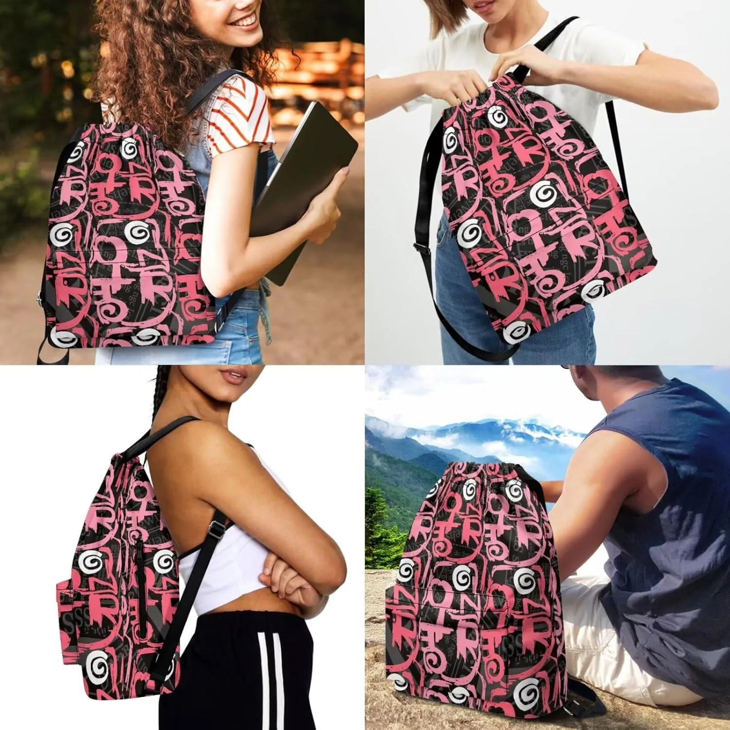Sports Drawstring Backpack and Sports Headband Set, Gym Bag Geometric Print,Large String Bag Cinch Sackpack with Side & Inner Zip Pocket/Shoes Compartment for Beach Pool Swim Workout