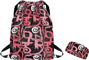 Sports Drawstring Backpack and Sports Headband Set, Gym Bag Geometric Print,Large String Bag Cinch Sackpack with Side & Inner Zip Pocket/Shoes Compartment for Beach Pool Swim Workout