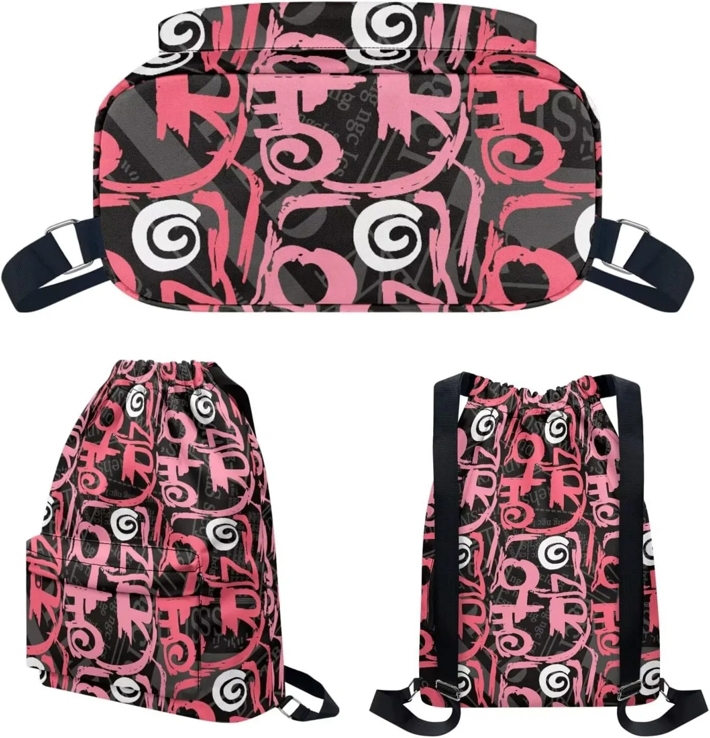 Sports Drawstring Backpack and Sports Headband Set, Gym Bag Geometric Print,Large String Bag Cinch Sackpack with Side & Inner Zip Pocket/Shoes Compartment for Beach Pool Swim Workout