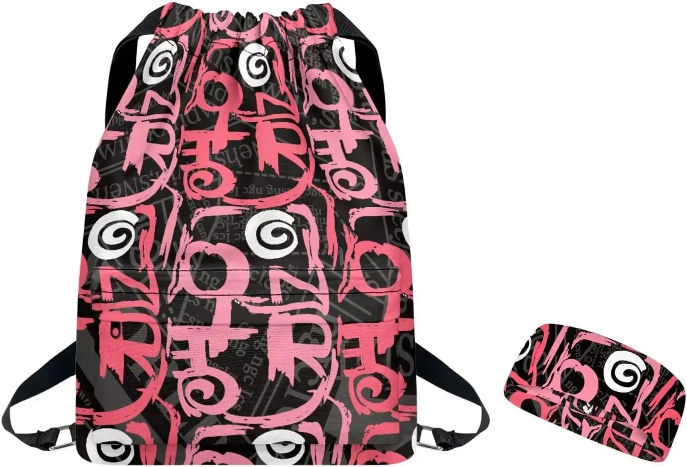 Sports Drawstring Backpack and Sports Headband Set, Gym Bag Geometric Print,Large String Bag Cinch Sackpack with Side & Inner Zip Pocket/Shoes Compartment for Beach Pool Swim Workout