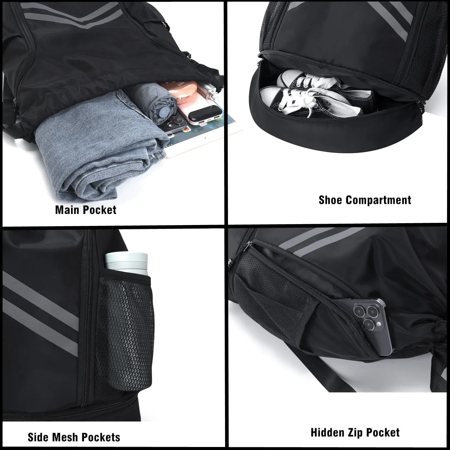 Sports Drawstring Backpack - Water Resistant Gym Bag with Shoes Compartment and Water Bottle Holder Pockets -Drawstring Bag String Cinch Bag for Gym, Travel, Swimming, Beach, Men Women (Black)