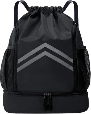 Sports Drawstring Backpack - Water Resistant Gym Bag with Shoes Compartment and Water Bottle Holder Pockets -Drawstring Bag String Cinch Bag for Gym, Travel, Swimming, Beach, Men Women (Black)
