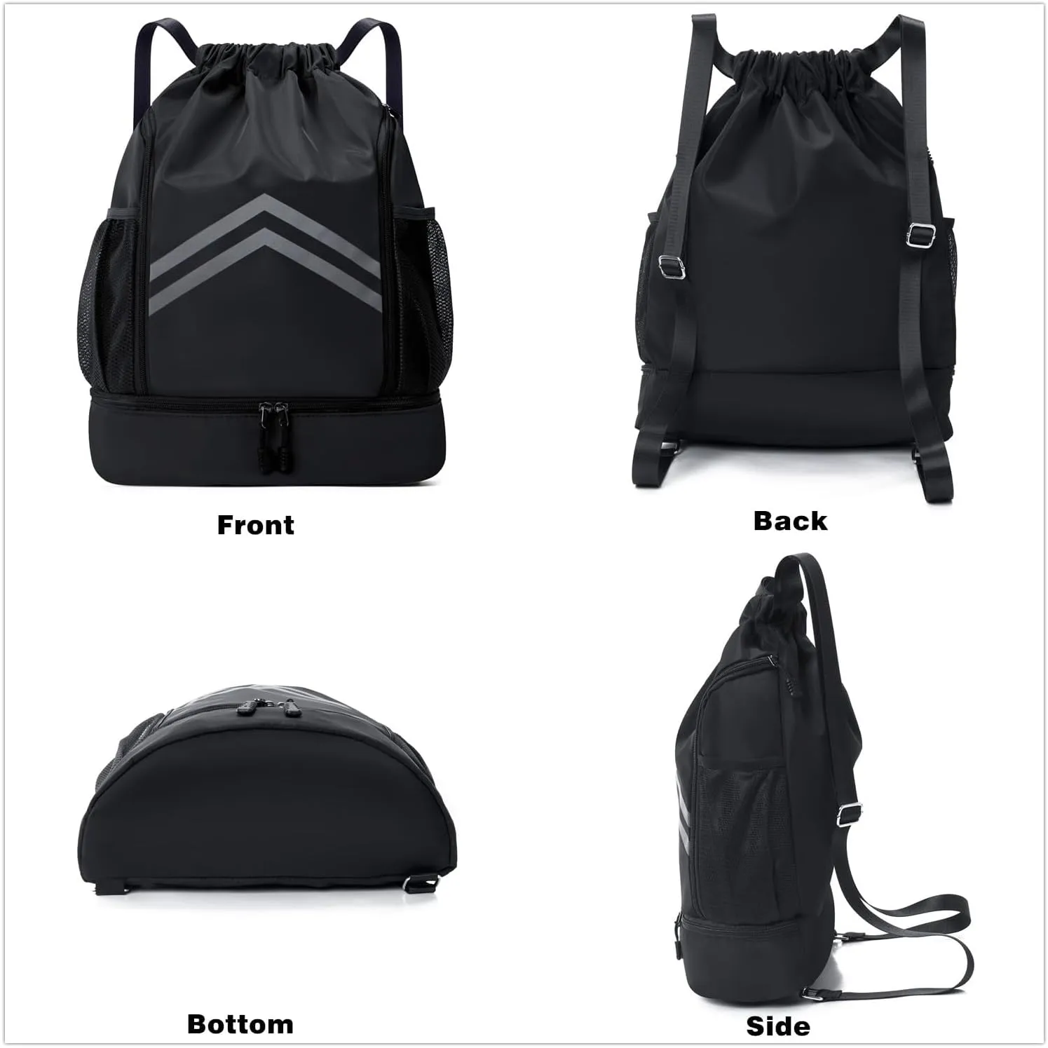 Sports Drawstring Backpack - Water Resistant Gym Bag with Shoes Compartment and Water Bottle Holder Pockets -Drawstring Bag String Cinch Bag for Gym, Travel, Swimming, Beach, Men Women (Black)