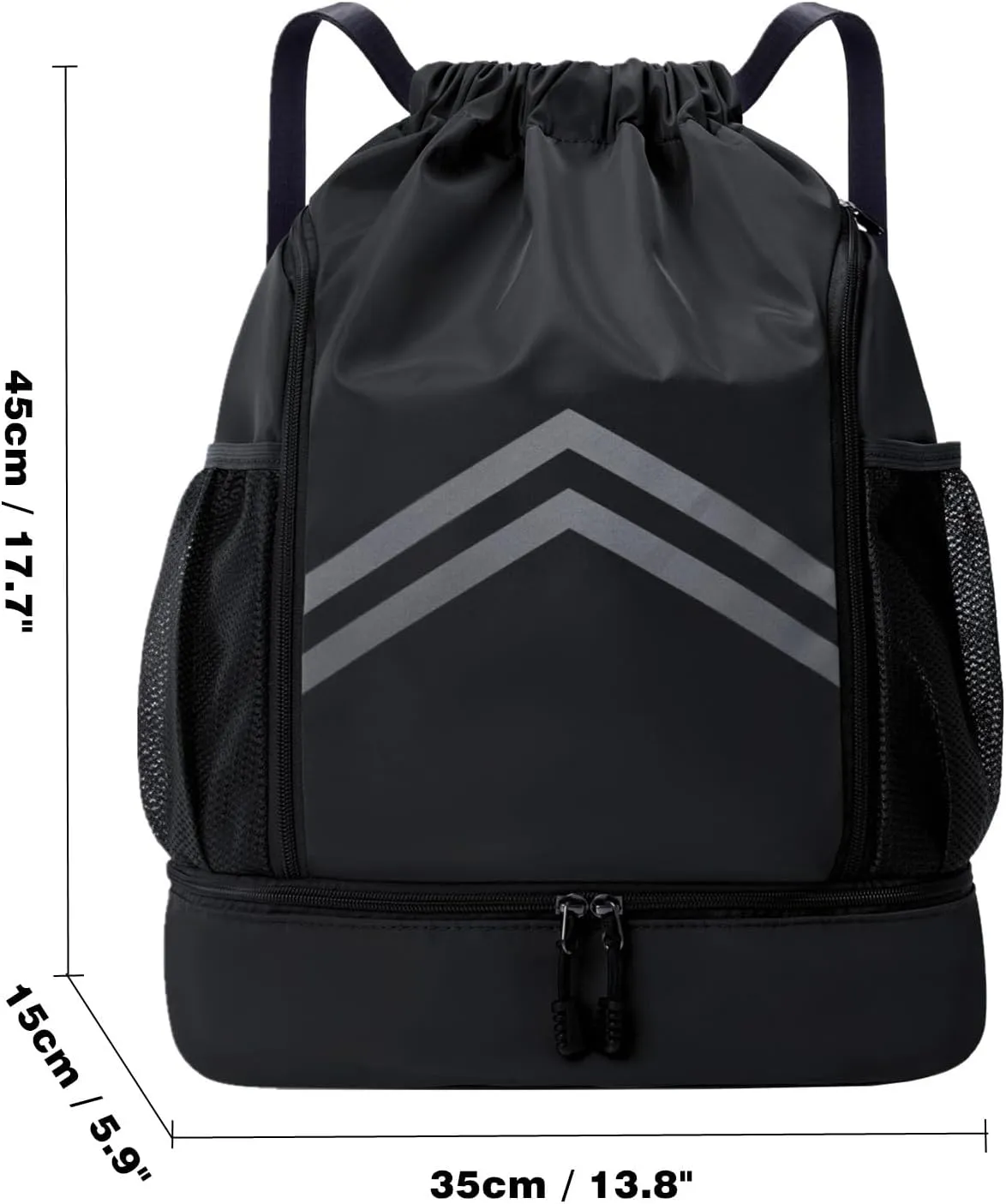 Sports Drawstring Backpack - Water Resistant Gym Bag with Shoes Compartment and Water Bottle Holder Pockets -Drawstring Bag String Cinch Bag for Gym, Travel, Swimming, Beach, Men Women (Black)