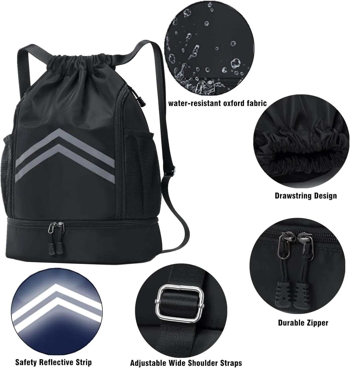Sports Drawstring Backpack - Water Resistant Gym Bag with Shoes Compartment and Water Bottle Holder Pockets -Drawstring Bag String Cinch Bag for Gym, Travel, Swimming, Beach, Men Women (Black)