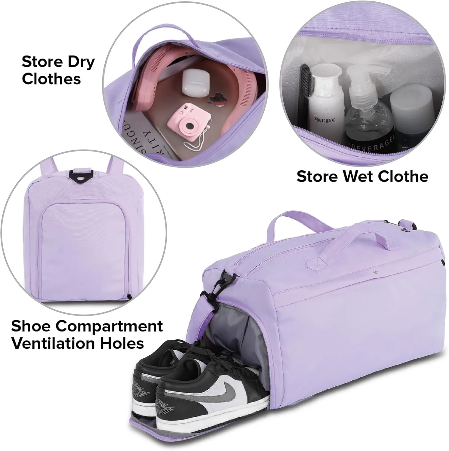 Sports Gym Bag for Women, Travel Workout Duffel Overnight Shoulder Bags with Shoes Compartment and Wet Pocket Lightweight Weekend Waterproof, B-Purple04, Travel Bags for Airline Travel