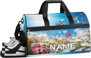 Spring Flowers Butterfly Sports Gym Bag with Wet Pocket & Shoes Compartment Travel Duffel Bag for Women Men Custom Sports Gym Bag Personalized Overnight Stay Weekend Tote Beach Luggage