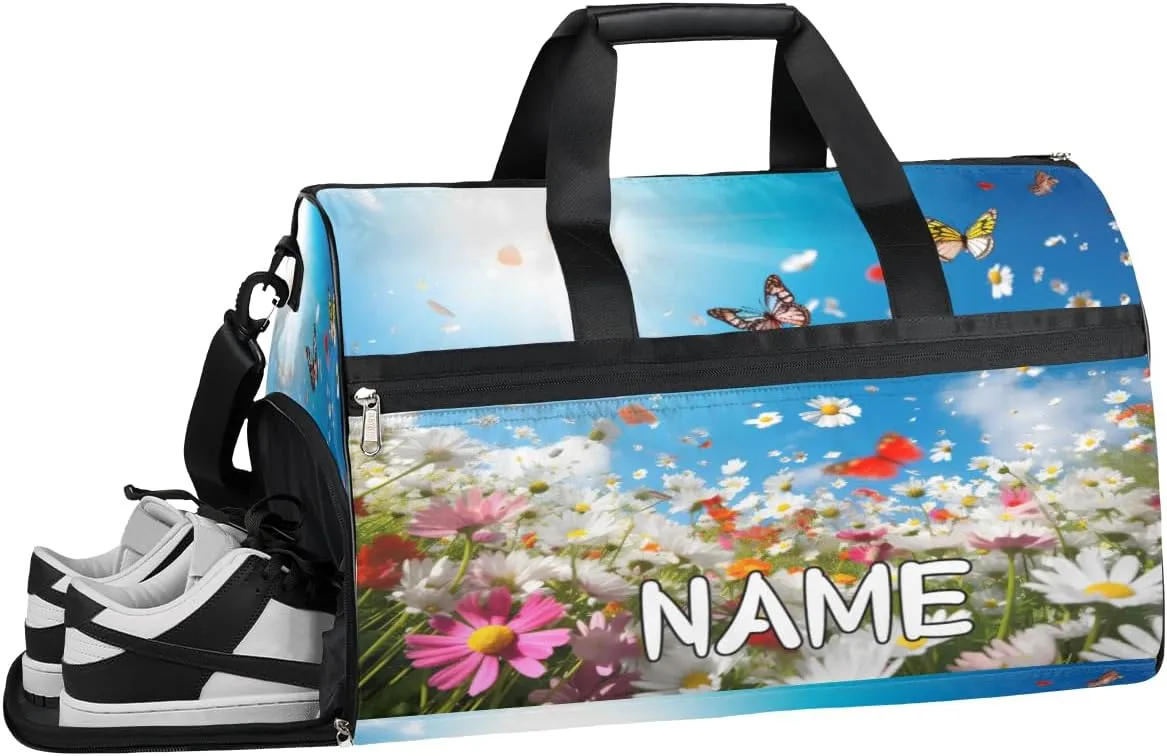 Spring Flowers Butterfly Sports Gym Bag with Wet Pocket & Shoes Compartment Travel Duffel Bag for Women Men Custom Sports Gym Bag Personalized Overnight Stay Weekend Tote Beach Luggage