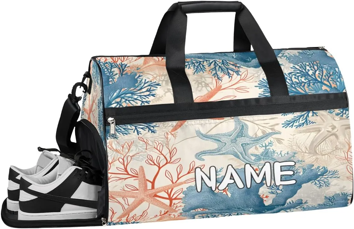 Starfish Coral Print Sports Gym Bag with Wet Pocket & Shoes Compartment Travel Duffel Bag for Women Men Custom Sports Gym Bag Personalized Overnight Stay Weekend Tote Beach Luggage