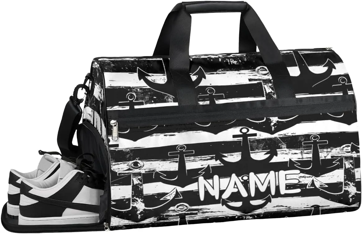 Striped Anchor Print Sports Gym Bag with Wet Pocket & Shoes Compartment Travel Duffel Bag for Women Men Custom Sports Gym Bag Personalized Overnight Stay Weekend Tote Beach Luggage