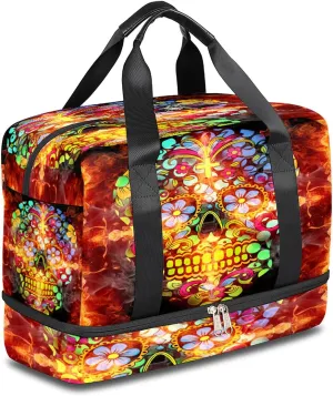 Sugar Skull Halloween Sports Gym Bag with Shoes Compartment,Gothic Skull Flower Floral Travel Duffel Bag for Men Women Boys Girls Teens Overnight Weekend Yoga Workout Bag Training Handbag
