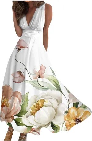 Summer Dresses for Women 2023 Dressy Deep V Neck Cold Shoulder Sleeve Maxi Dyeing Print Floor Length Gown Dresses