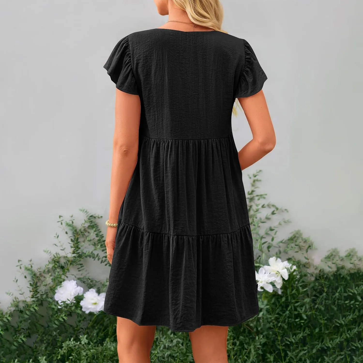 Summer Dresses for Women 2025 Casual Ruffled Short Sleeves V-Neck Dresses Swing Flowy Beach Vacation Sundress
