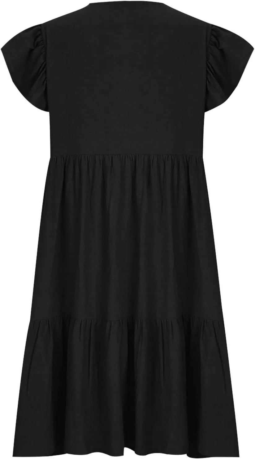 Summer Dresses for Women 2025 Casual Ruffled Short Sleeves V-Neck Dresses Swing Flowy Beach Vacation Sundress