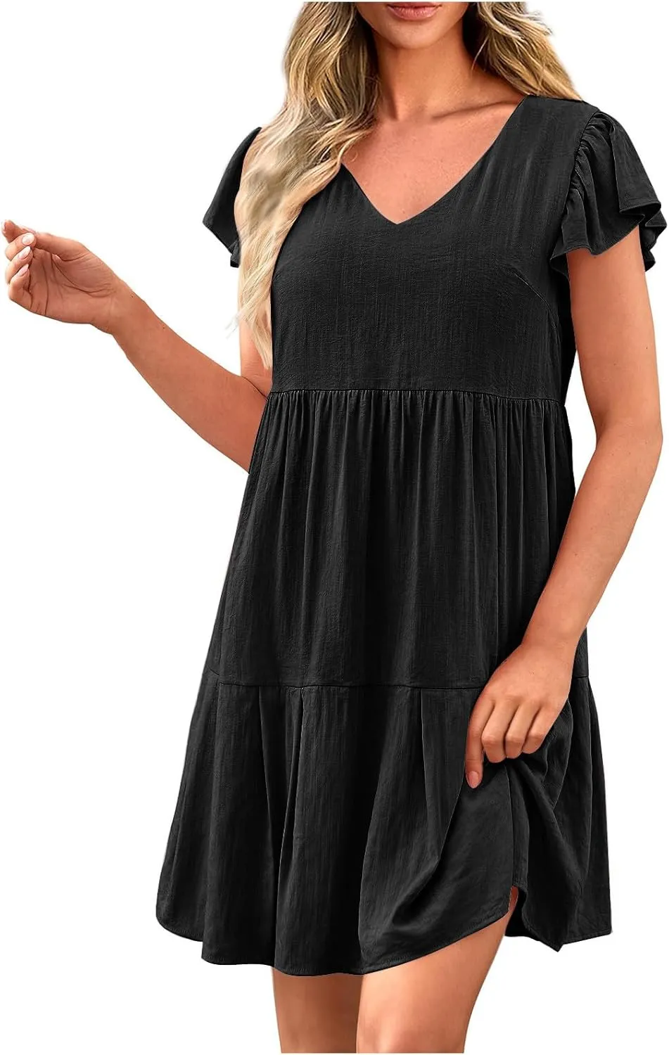 Summer Dresses for Women 2025 Casual Ruffled Short Sleeves V-Neck Dresses Swing Flowy Beach Vacation Sundress