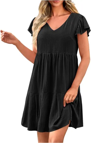 Summer Dresses for Women 2025 Casual Ruffled Short Sleeves V-Neck Dresses Swing Flowy Beach Vacation Sundress