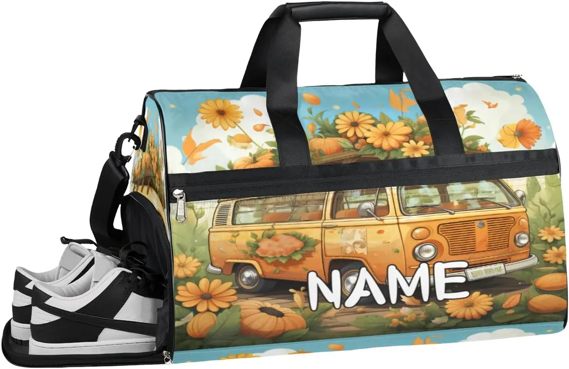 Summer Flower Car Sports Gym Bag with Wet Pocket & Shoes Compartment Travel Duffel Bag for Women Men Custom Sports Gym Bag Personalized Overnight Stay Weekend Tote Beach Luggage