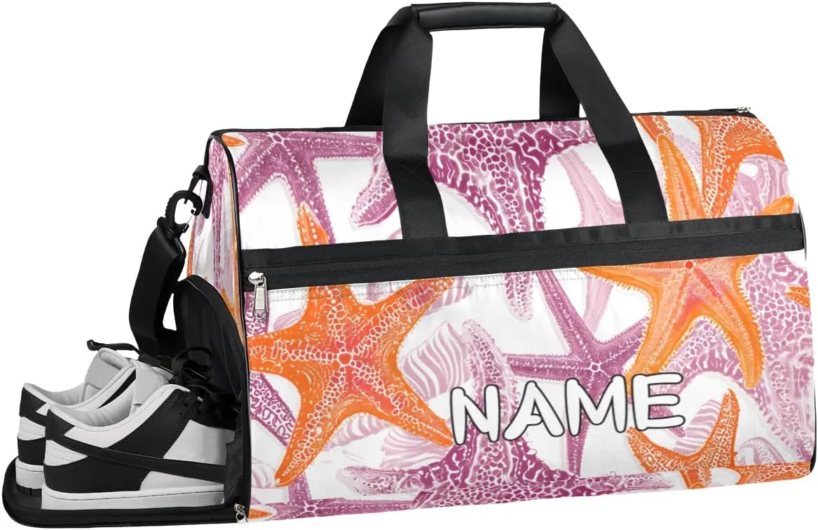 Summer Starfish Print Sports Gym Bag with Wet Pocket & Shoes Compartment Travel Duffel Bag for Women Men Custom Sports Gym Bag Personalized Overnight Stay Weekend Tote Beach Luggage
