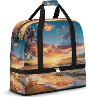 Sunset Beach Palm Tree Travel Duffel Bag for Women Men, Hawaii Tree Sports Gym Bag with Shoes Compartment Foldable Overnight Bag Weekender Tote Workout Carry On Luggage Bag