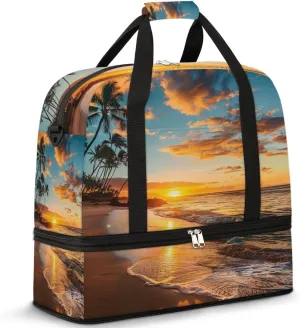 Sunset Beach Palm Tree Travel Duffel Bag for Women Men, Ocean Tree Sports Gym Bag with Shoes Compartment Foldable Overnight Bag Weekender Tote Workout Carry On Luggage Bag
